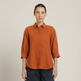 Flora Set Of 2 - Puff Sleeves Top & Wide-Leg Cropped Chinos - Autumn Rust & Navy Blue